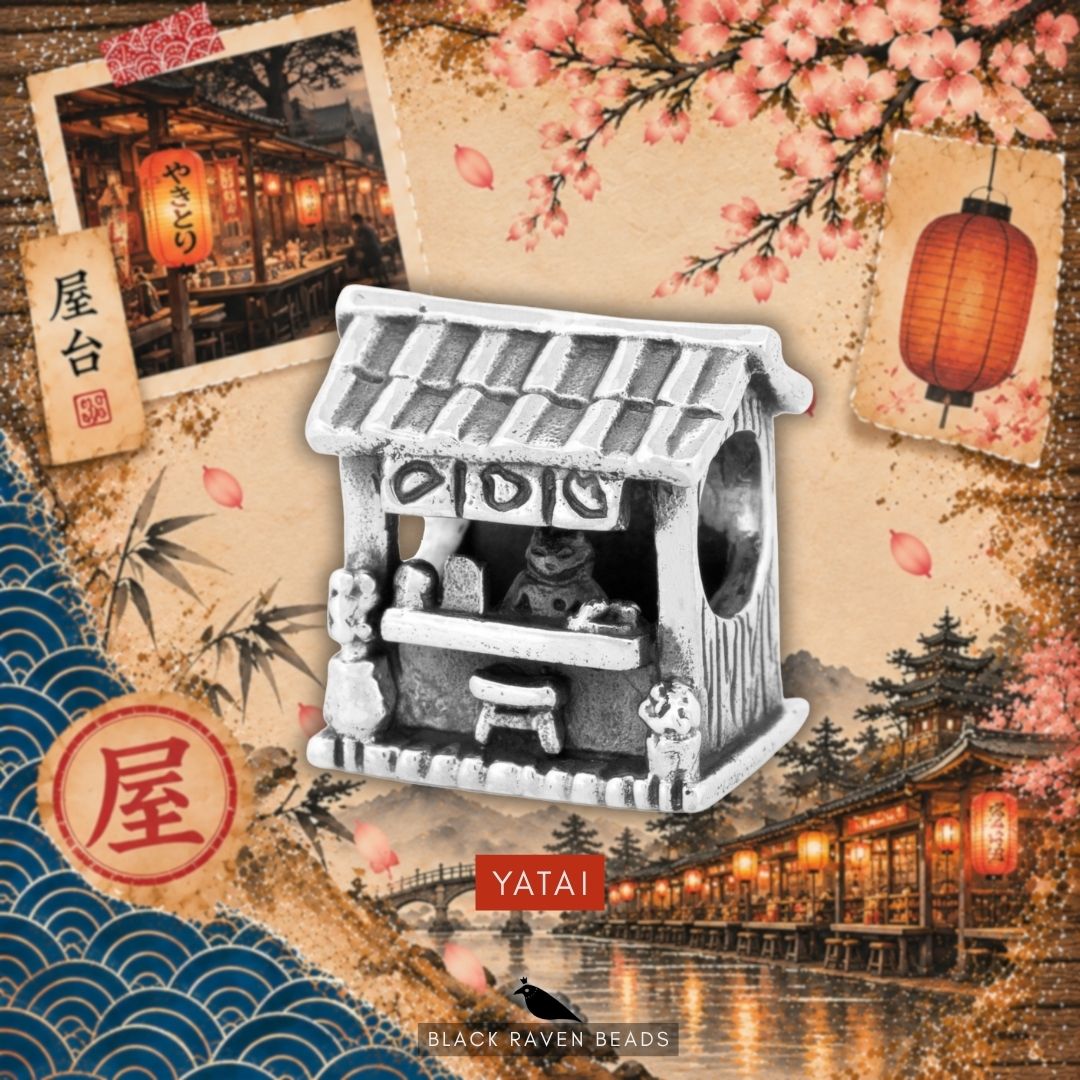 Black Raven Beads Yatai sterling silver bead displayed against a themed Japanese illustration background