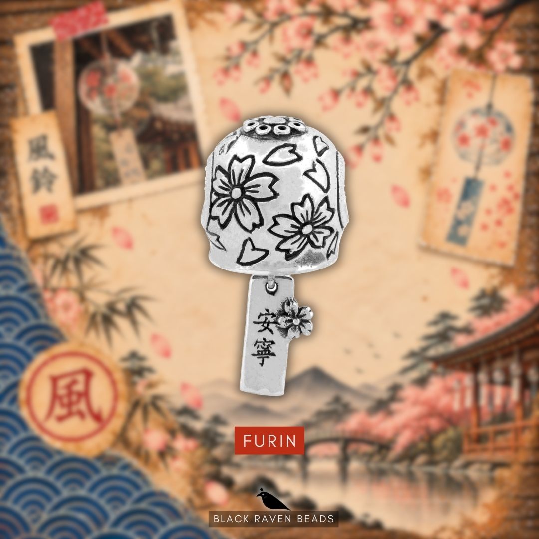 Black Raven Beads Furin sterling silver bead displayed against a themed Japanese illustration background