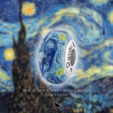 Handcrafted Van Gogh Starry Night 2026 Edition glass bead by Black Raven Beads displayed against a dramatic Starry Night inspired background.