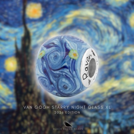 Large handcrafted Van Gogh Starry Night XL glass bead by Black Raven Beads displayed against a swirling Starry Night inspired background.