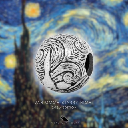Handcrafted sterling silver Van Gogh Starry Night 2026 Edition bead by Black Raven Beads displayed against a swirling Starry Night inspired background.