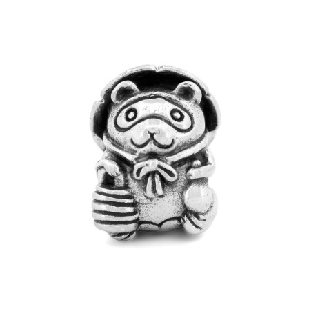 Front view of the Tanuki sterling silver bead by Black Raven Beads showing the details of its Japanese-inspired design
