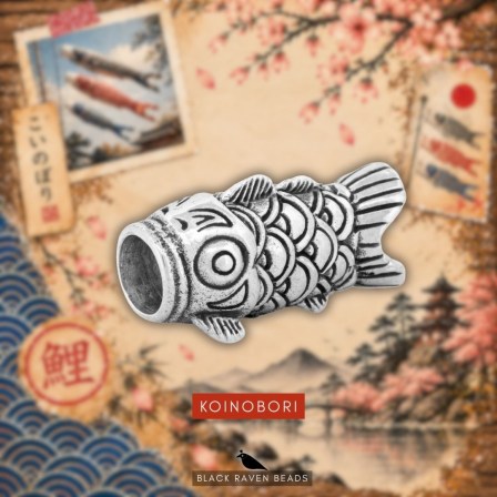 Black Raven Beads Koinobori sterling silver bead displayed against a themed Japanese illustration background