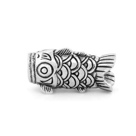 Side view of the Koinobori sterling silver bead by Black Raven Beads showing its Japanese carp streamer-inspired details