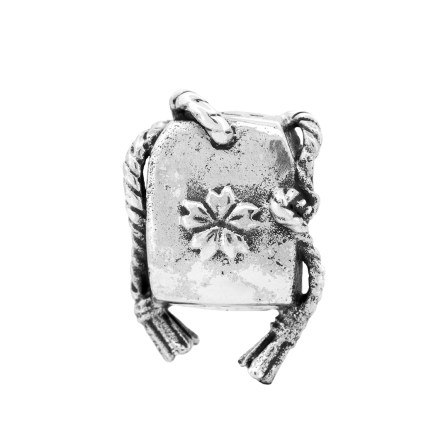 Reverse view of the Omamori sterling silver bead by Black Raven Beads showing its Japanese amulet-inspired design