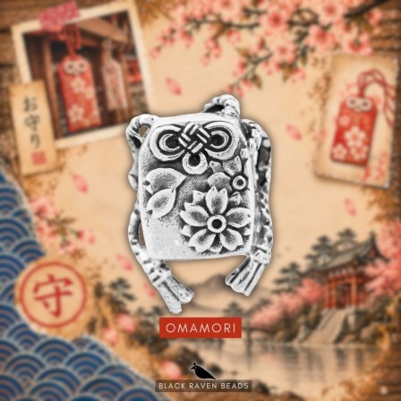 Black Raven Beads Omamori sterling silver bead displayed against a themed Japanese illustration background