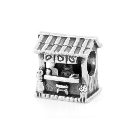 Side view of the Yatai sterling silver bead by Black Raven Beads showing details inspired by a traditional Japanese food stall