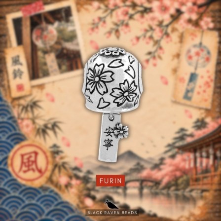 Black Raven Beads Furin sterling silver bead displayed against a themed Japanese illustration background