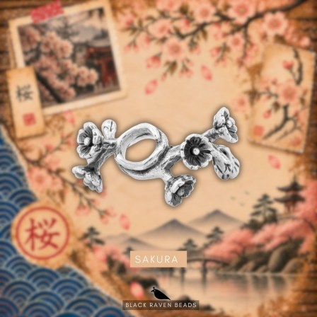 Black Raven Beads Sakura Branch sterling silver bead displayed against a themed Japanese illustration background