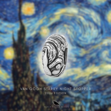 Handcrafted sterling silver Van Gogh Starry Night 2026 Edition stopper by Black Raven Beads shown against a swirling night sky inspired by Vincent van Gogh.